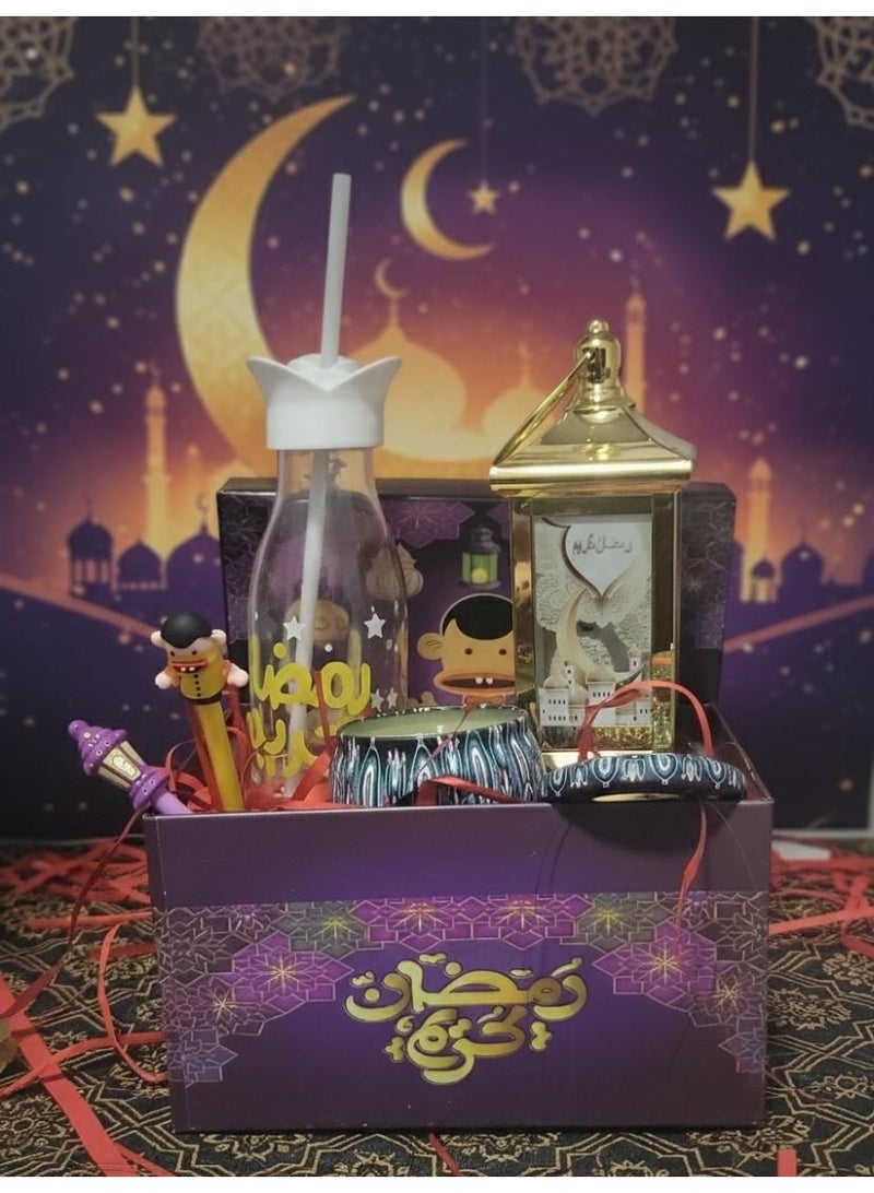 Ramadan Box + 4 Gifts (Golden Lantern + Fragrant Scented Candle + Bottle Cup with Straw + 2 Gel Pens) - Image 1